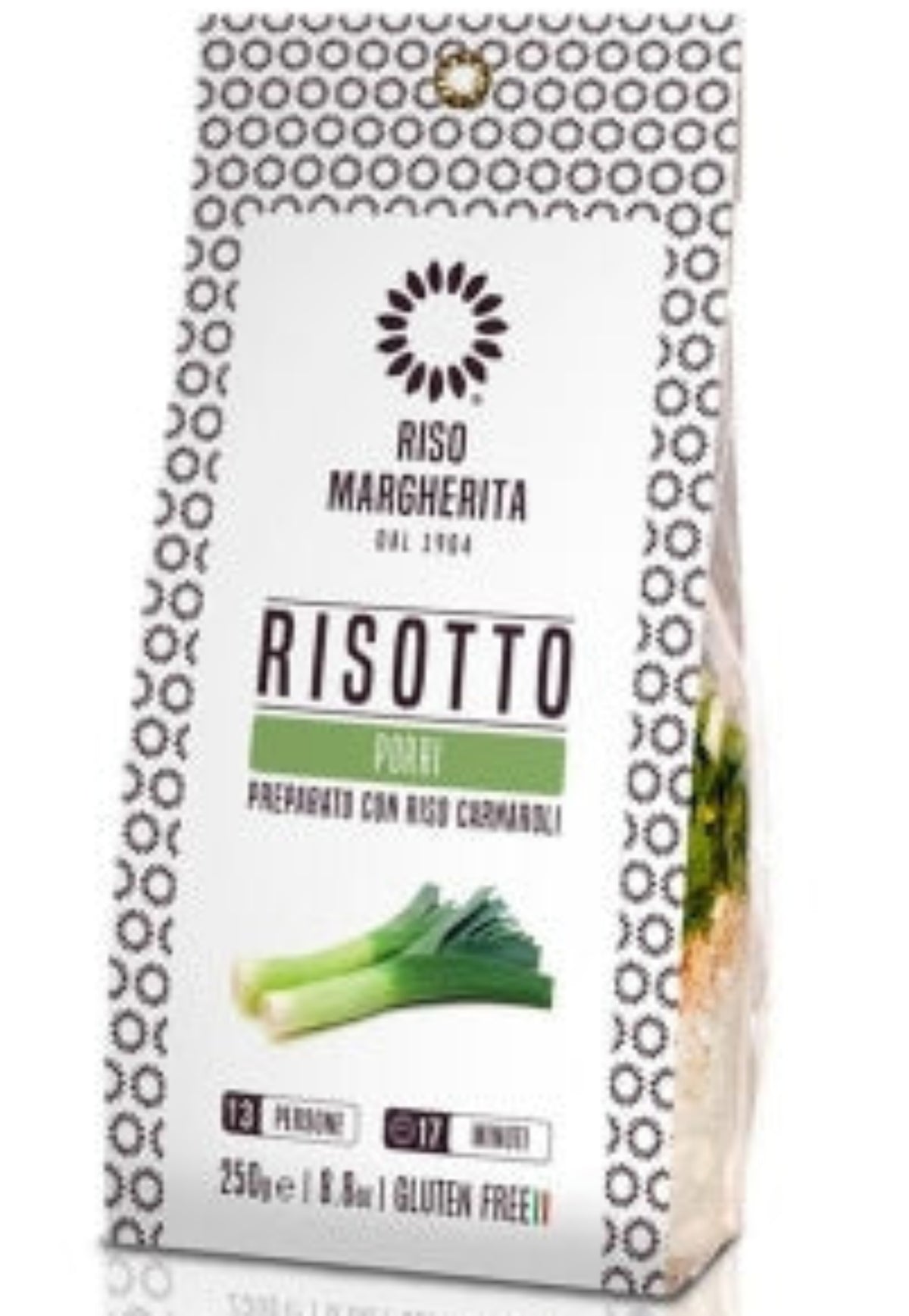 Riso Margherita Orez cu praz 250 g, specialitate italiană pentru prepararea unui risotto aromat, cu gust delicat de praz, ideală pentru mese rapide și rețete inspirate din gastronomia italiană, produs autentic de băcănie italiană