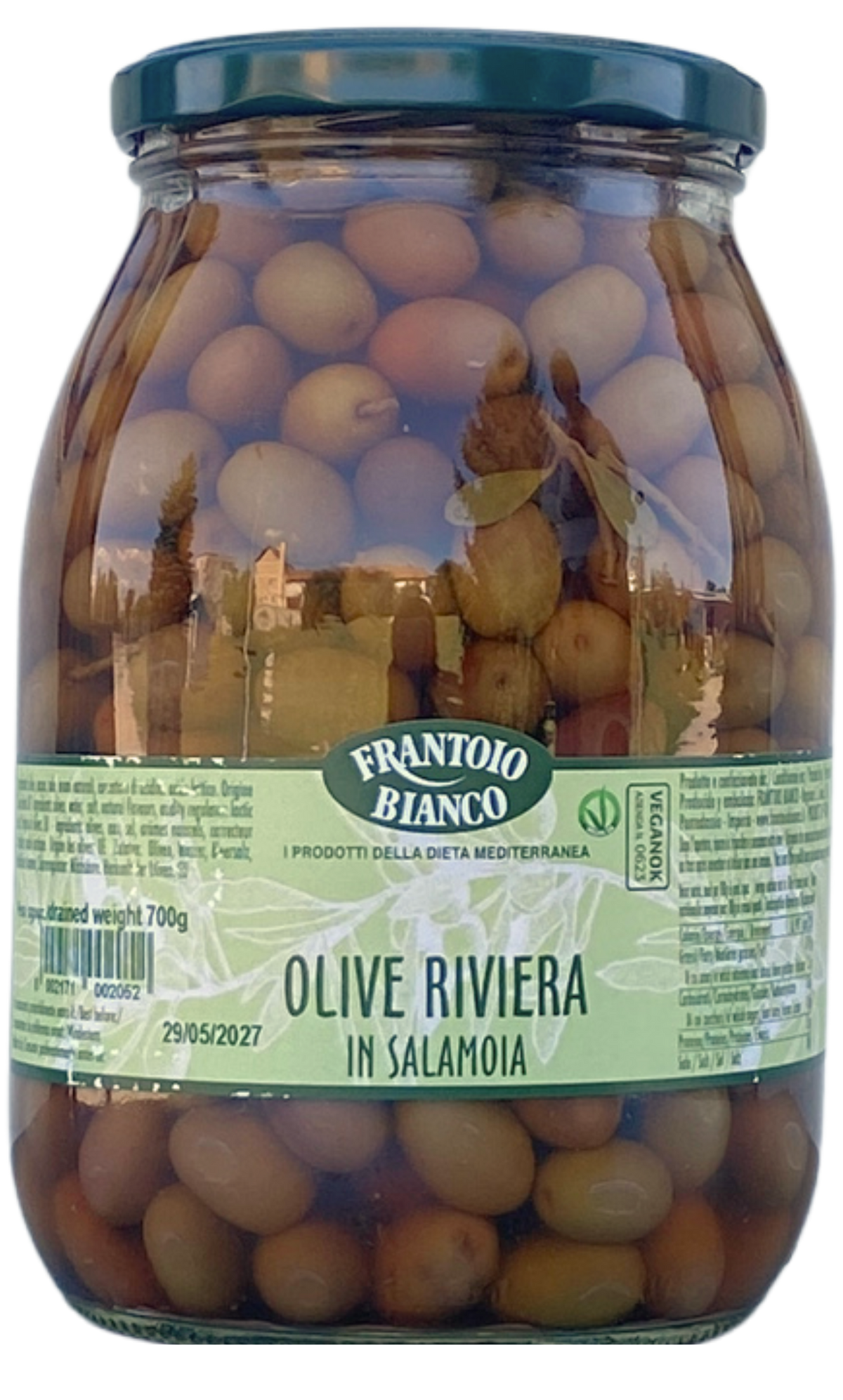 Frantoio măsline Riviera în saramură, specialitate italiană cu gust delicat și aromă echilibrată, ideale pentru aperitive, platouri cu brânzeturi și mezeluri, salate, pizza, paste, focaccia și preparate mediteraneene, produs autentic de băcănie italiană
