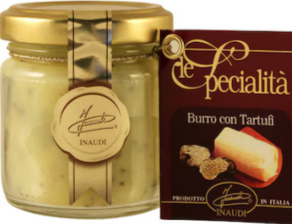 Inaudi unt cu trufe, specialitate gourmet cu 92,8% unt și 7% trufe Tuber aestivum și Tuber albidum, cu textură cremoasă și aromă intensă, fără gluten, ideal pentru paste, bruschette, pâine prăjită, polenta, ouă și risotto, produs autentic de băcănie italiană
