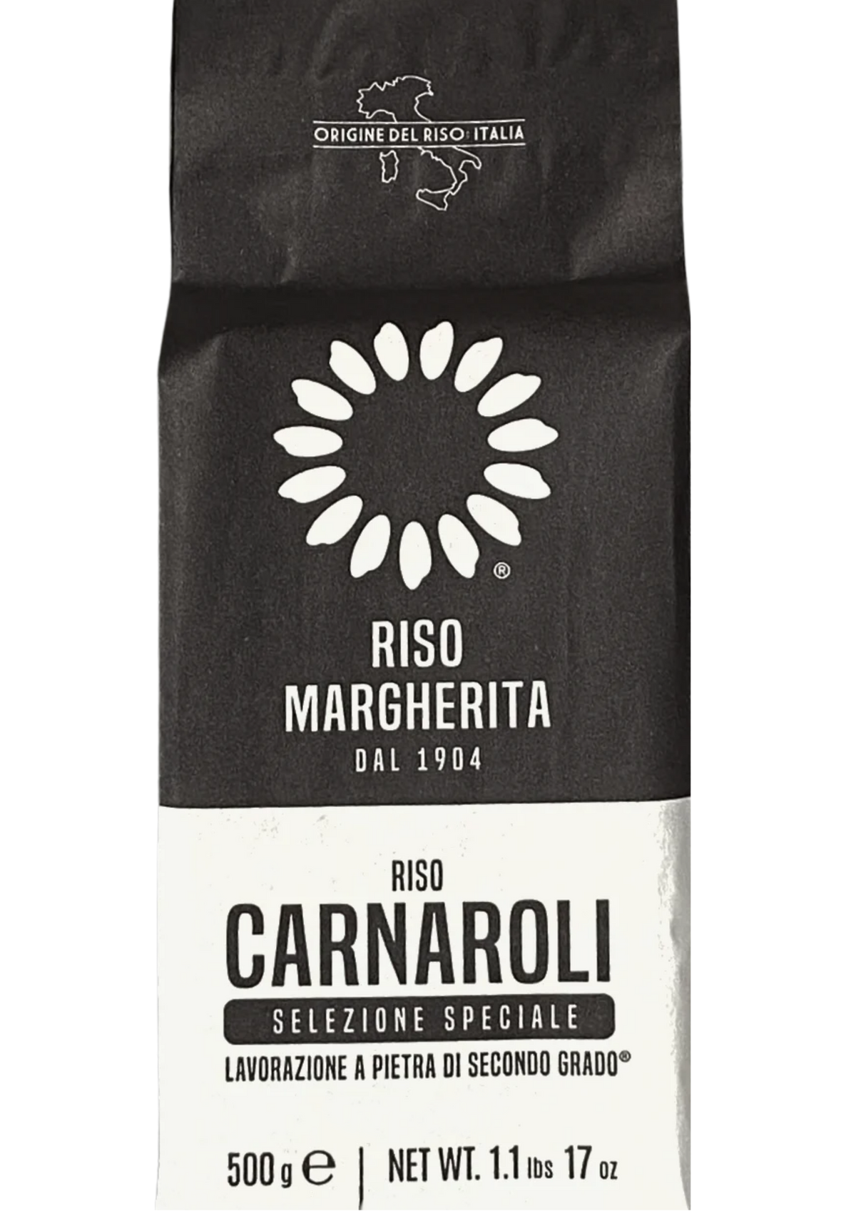 Riso Margherita Orez Carnaroli 500 g, orez italian de calitate cu boabe ferme și rezistență excelentă la gătire, ideal pentru risotto cremos, risotto cu ciuperci sau trufe, fructe de mare, legume și salate de orez, produs autentic de băcănie italiană
