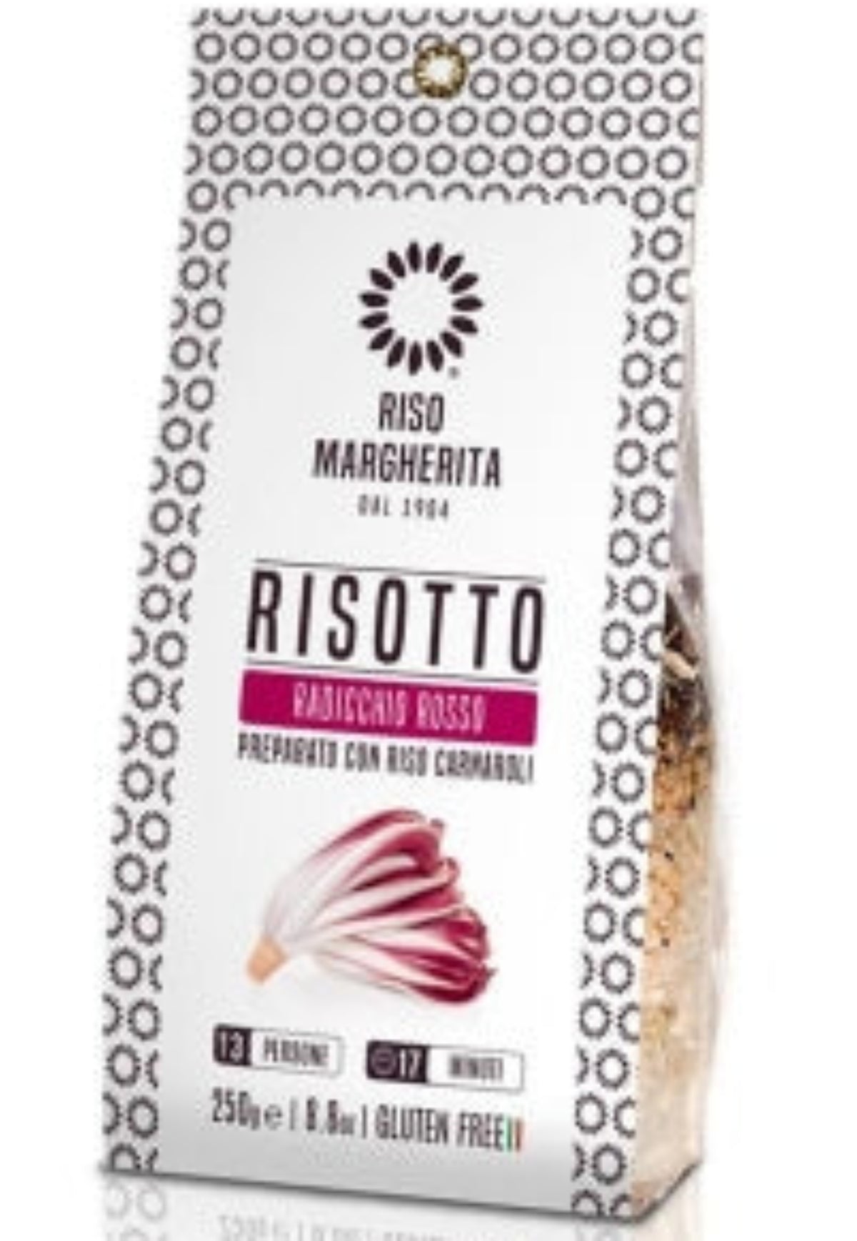 Riso Margherita Orez cu ridiche roșie 250 g, specialitate italiană pentru prepararea risotto-ului cu ridiche roșie, ideală pentru rețete aromate și mese inspirate din gastronomia italiană, produs de băcănie italiană
